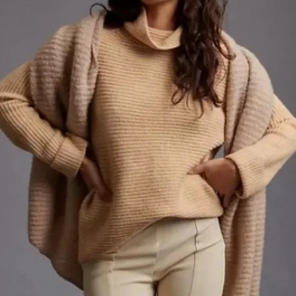 Pilcro Anthropologie Chunky Ribbed Turtleneck Sweater Beige Oversized Size M